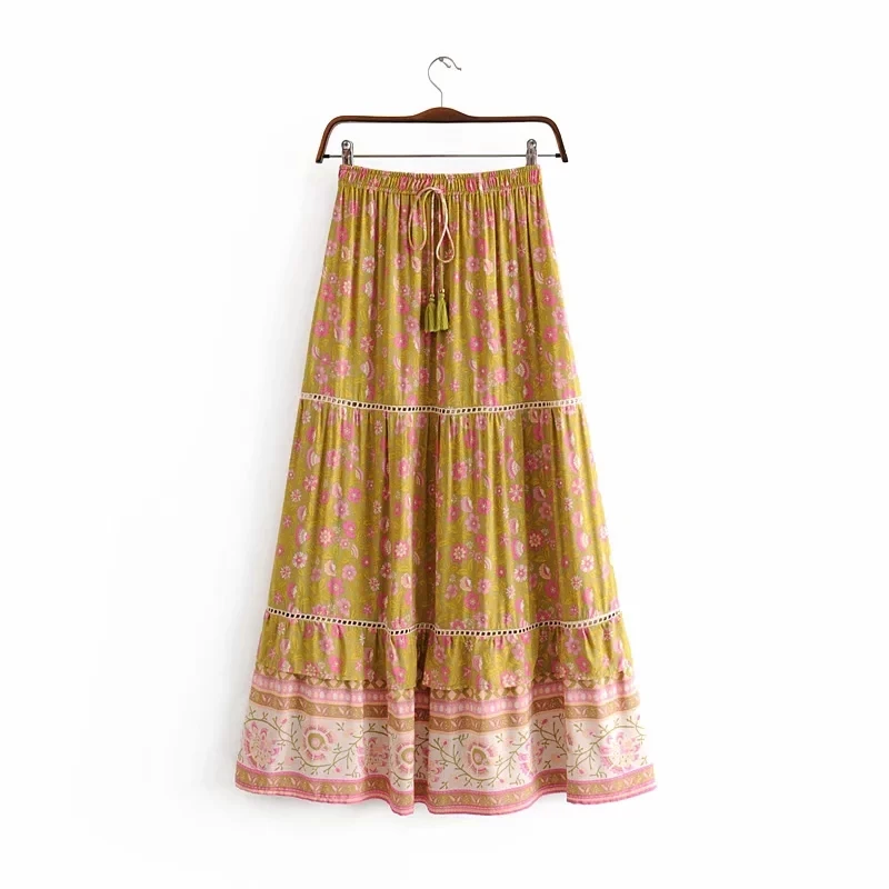 

Rayon bohemian flowers print elastic drawstring long skirt