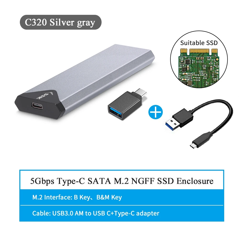 SSK M.2 SSD Case  NVME Enclosure M.2 to USB Type C 3.1 SSD Adapter for NVME PCIE or NGFF SATA based M key (M+B) key M.2 SSD Box box hdd external 2.5 HDD Box Enclosures
