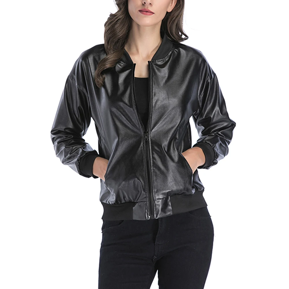 

2019 Autumn Coat PU Jacket Stand Collar Classic Long Sleeve Zipper Faux Leather Jacket Female Motorcycle Jacket Black Outerwear