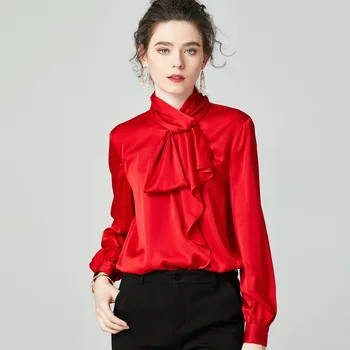 

red bowknot floral silk blouse for women high quality long sleeve plus size casual office dress shirts clothes dropshipping