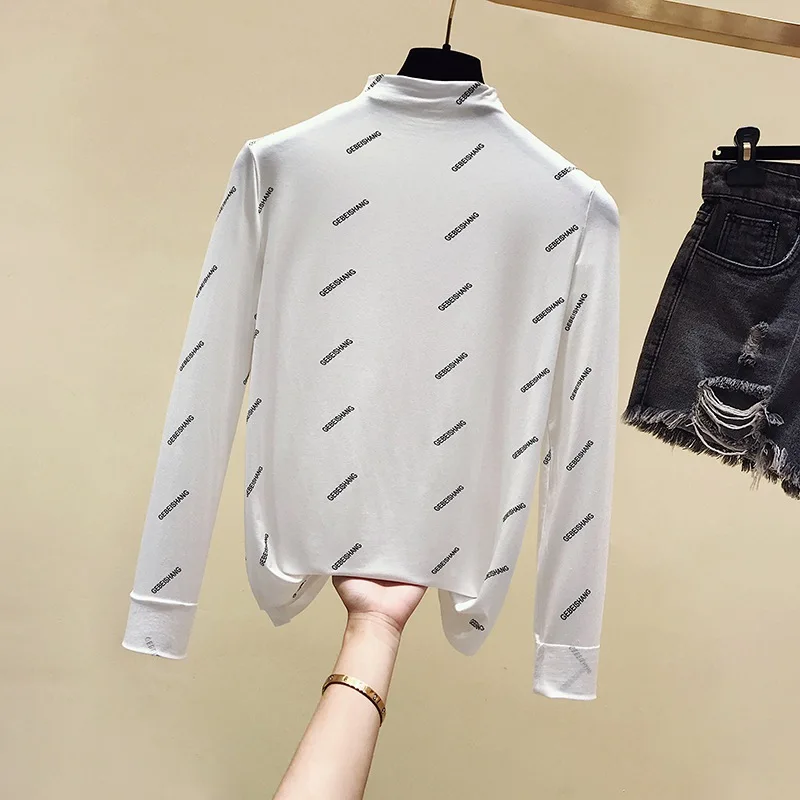 gkfnmt Women's Tshirt Letter Printing Long Sleeve Tops Basic Turtleneck T Shirts Autumn Winter Tee Shirt Femme White clothes - Цвет: Белый