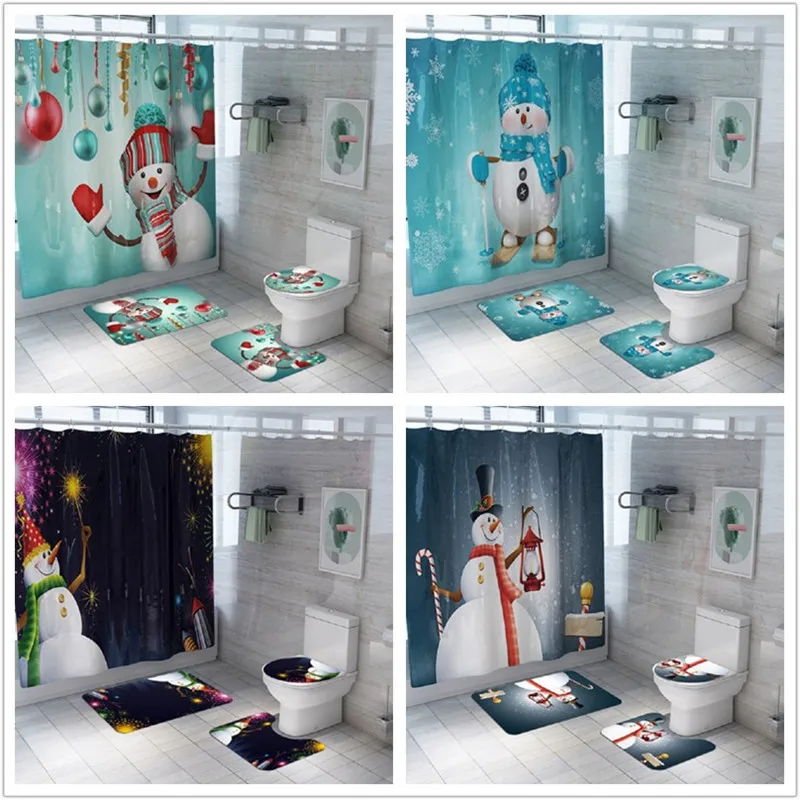 Счастливого Рождества снеговик шаблон ванная комната водонепроницаемый Душ занавеска набор пьедестал Ковер Крышка ковер Туалет крышка ванна коврик набор