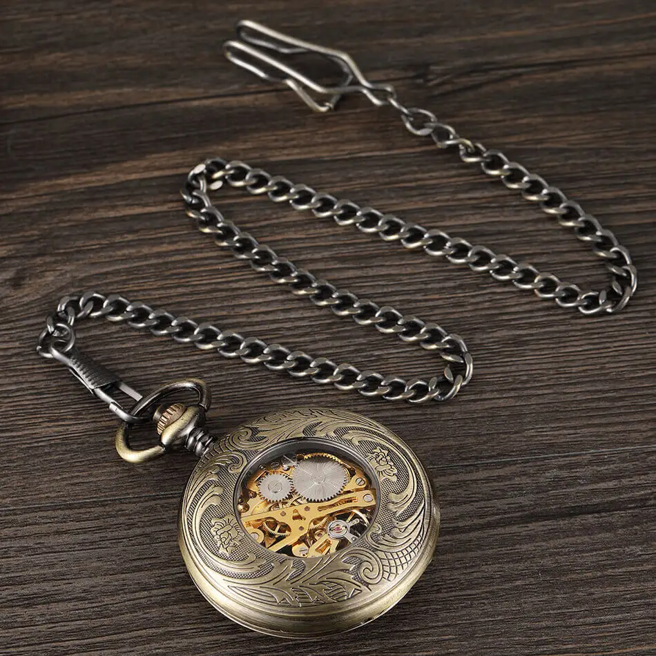 Bronze Silver Mechanical Pocket Watches Mens Steampunk Skeleton Fob Watches Clip Chain Clock Gifts For Men Reloj De Bolsillo