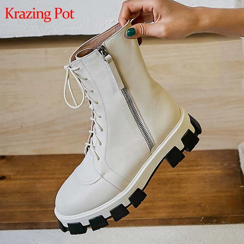 Krazing pot/сапоги до середины икры из натуральной кожи с круглым носком на среднем каблуке теплая зимняя обувь для отдыха на шнуровке смешанных цветов L42