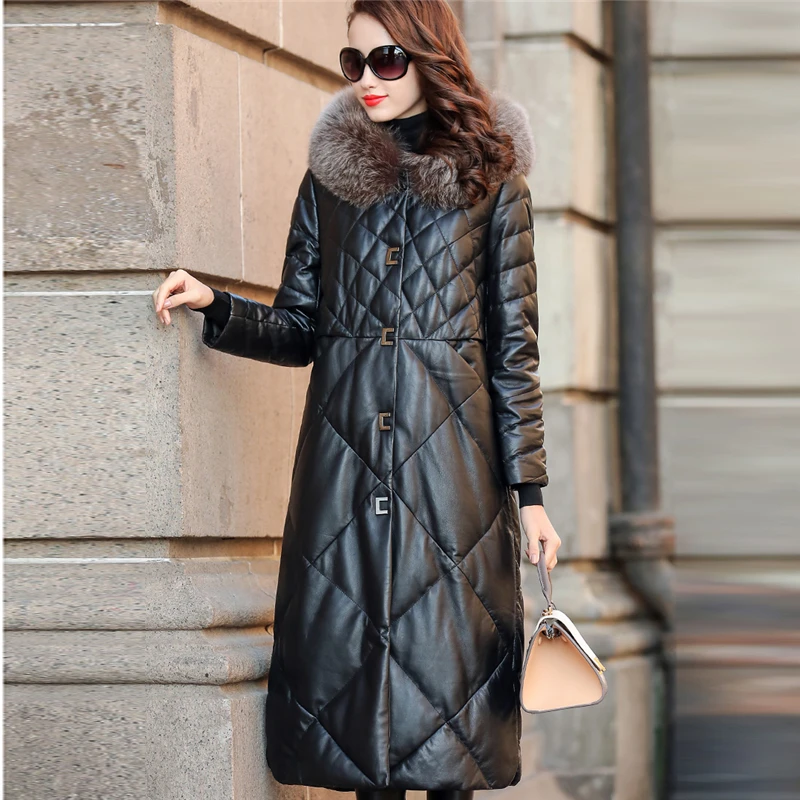 Женский длинный пуховик с капюшоном куртка из натуральной овечьей кожи
