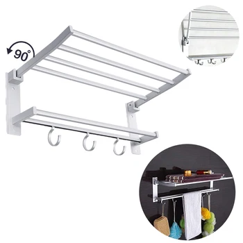 

Alumimum Foldable Bathroom Towel Racks Holder Storage Hanger Wall Mounted Kitchen Hotel Bath Towel Clothes Shelf with 3 Hooks