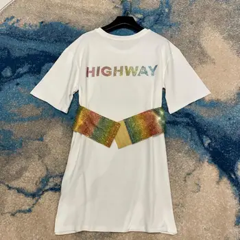

2020 Diamond Letter Women T Shirt Dress Rainbow Full Diamond Waist Long T-shirt with Belt