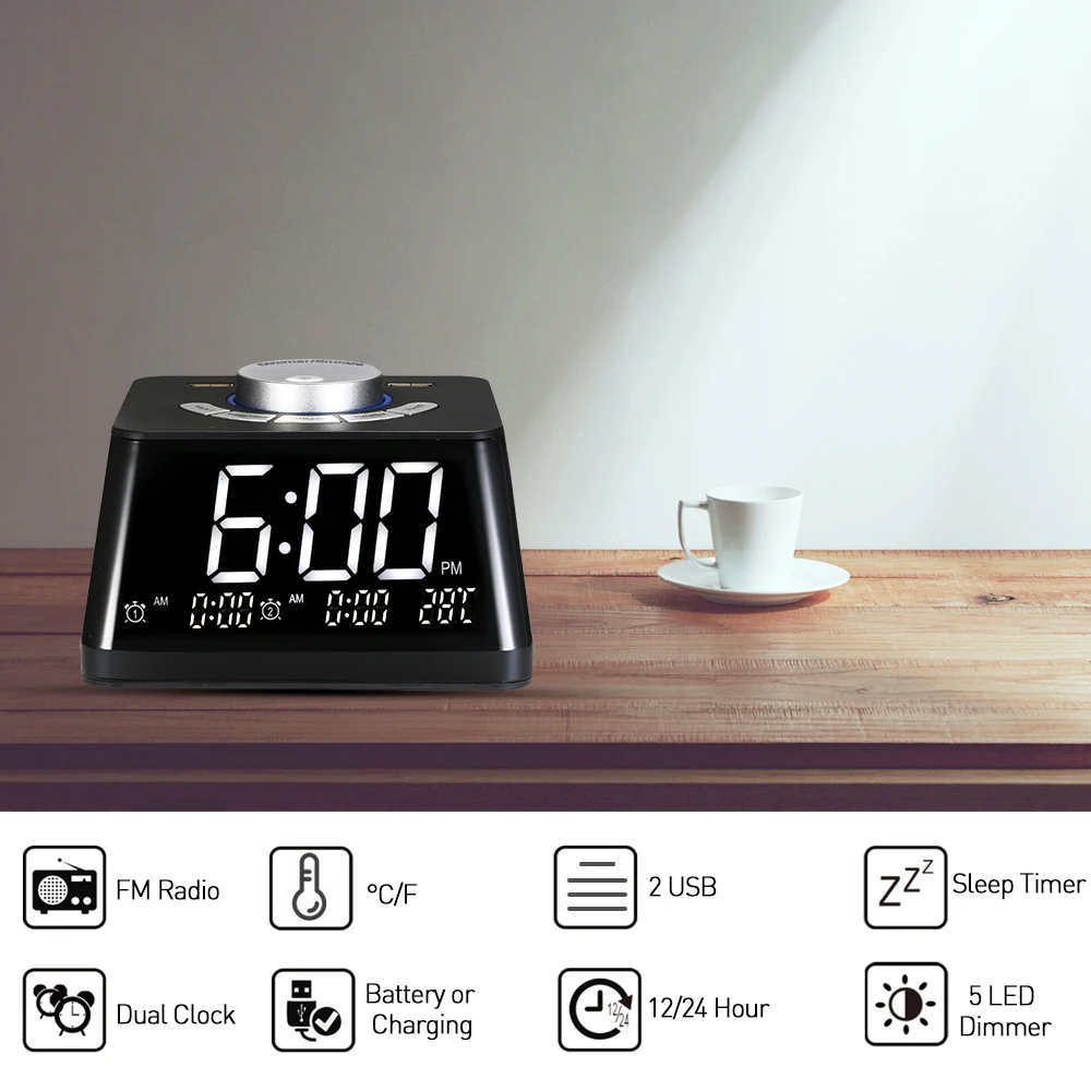

Alarm Clocks Radio Adjustable Volume Display Temperature Dimmer Dual Alarm Digital Clock With FM Radio USB/Battery Table Clock