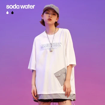 

SODAWATER Girl Patchwork Tshirt 100% Cotton O-neck Women Oversize Clothes Loose Fit Short Sleeved Tops Tees For Women 1046S20