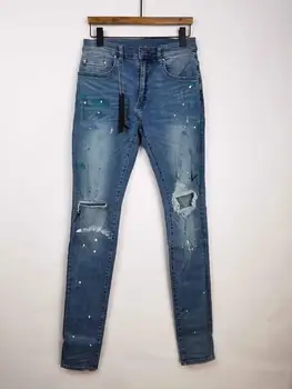 

men blue paint splatter distressed denim jeans