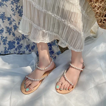 

Summer Women Khaki Pearl Thong Sandals Brand Girl Beach Thick High Heel Rome Shoes Designer Outdoor Casual Ankle Strap Flip Flop