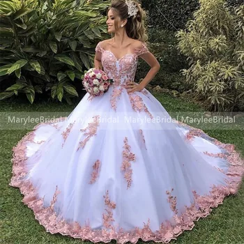 

White Wedding Dresses With Champagne Gold Appliques Princess Ball Gown Customize Robe De Mariee Israel Bridal Dress For Women