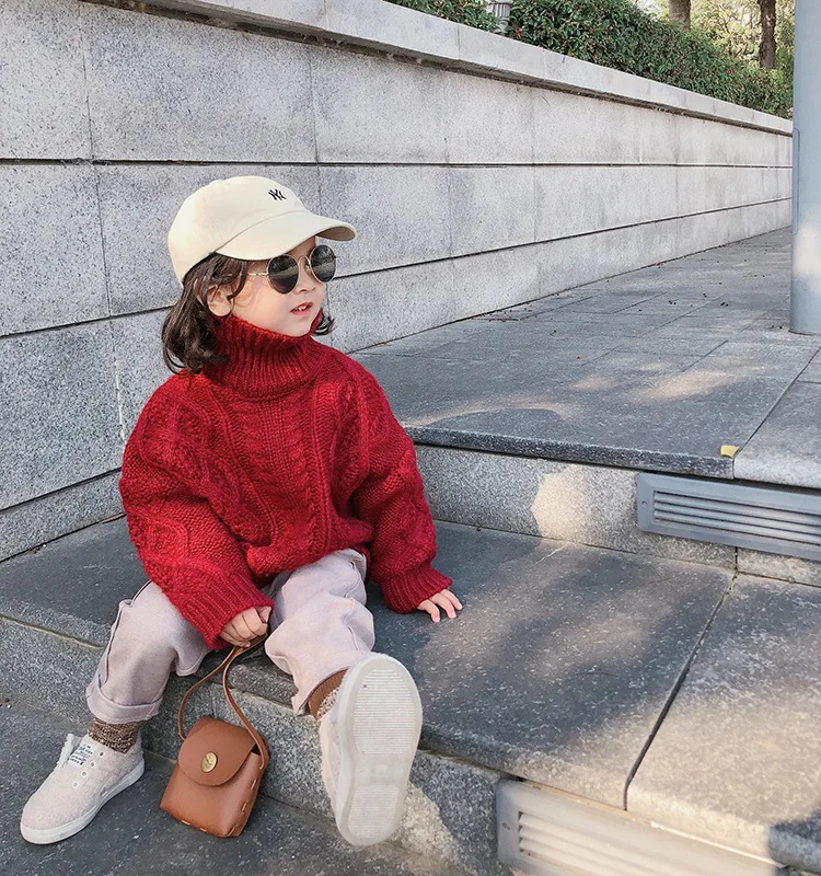 Winter fashion girls high collar Twisted loose sweaters kids fashion casual solid color knitted pullovers