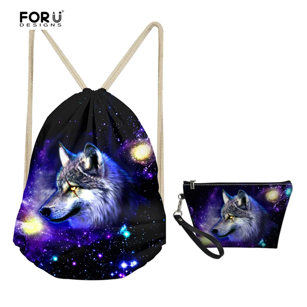  FORUDESIGNS Kids Boys Drawstring Bags Set with Cosmetic Makeup Purse Cool 3D Animal Galaxy Wolf Pri