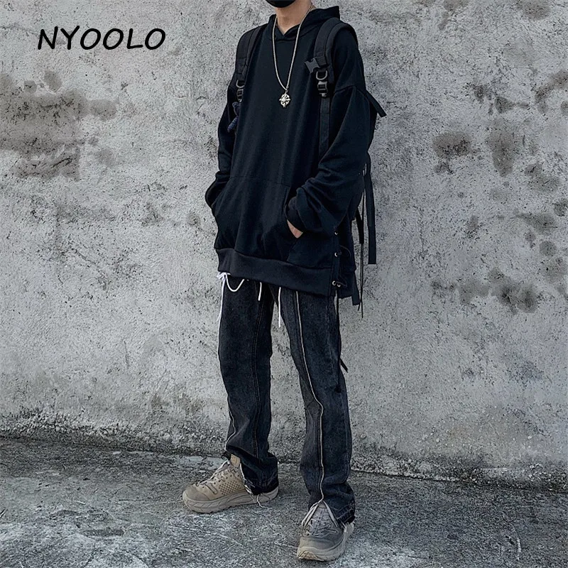 NYOOLO High street винтажные однотонные толстовки со шнуровкой осенние свободные пуловеры с длинными рукавами Толстовка с капюшоном для женщин Мужская одежда топы
