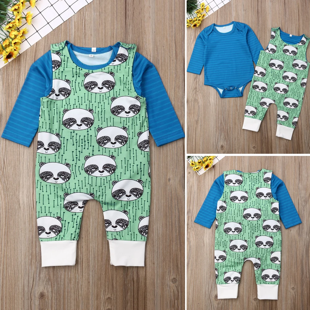 Комплект из 2 предметов для новорожденных, комплект одежды для маленьких мальчиков, синий полосатый комбинезон для малышей, комбинезон с принтом панды, детский комплект одежды для малышей
