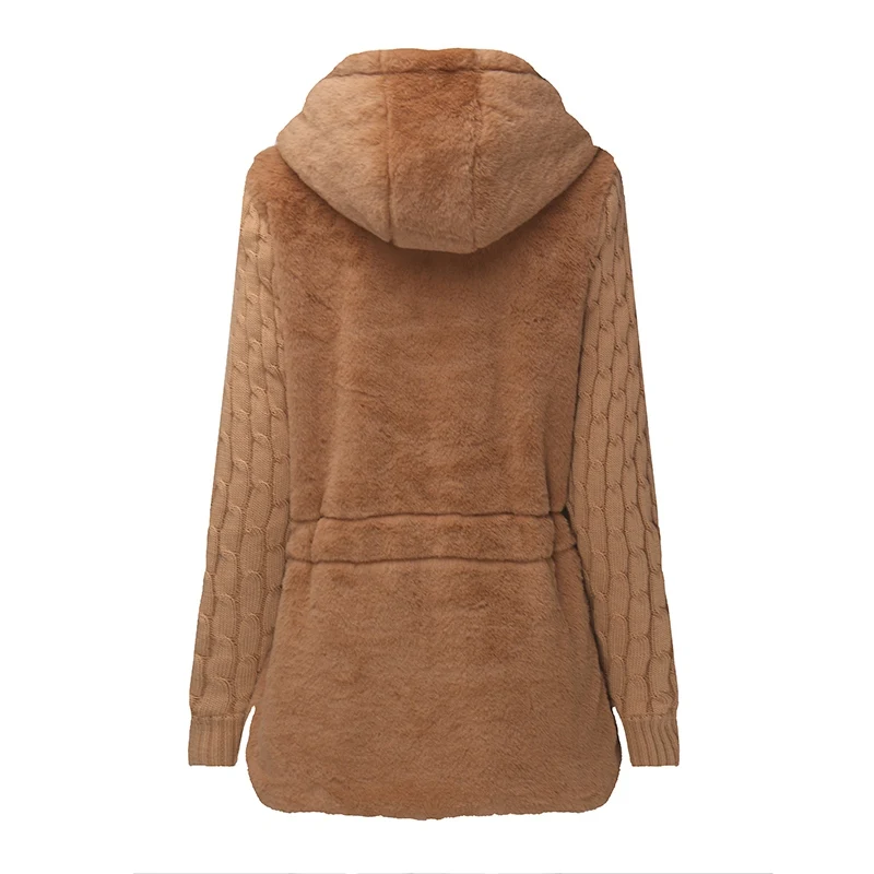 Пальто из искусственного меха, зимнее пальто для женщин, топы с капюшоном, пушистый искусственный мех, вязанная верхняя одежда с карманами, эластичная резинка на талии, длинное пальто