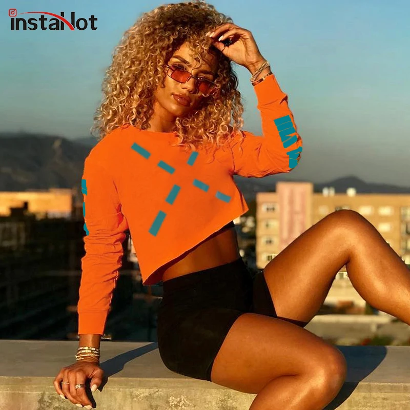 

InstaHot Cotton Round Neck Sweatshirts Women Long Sleeve Crop Top Autumn Casual Streetwear Letter Printed Loose Hoodies Harajuku