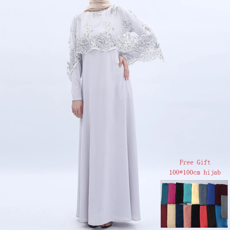 gray white dress Черный платок блесток abaya Дубай мусульманский хиджаб платье Ислам Абая для женщин jilбаб турецкие платья кафтан ислам ic одежда - Цвет: gray white dress