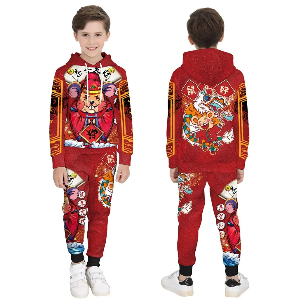 

Children's Clothing Set 3d Long Sleeve Sweatershirts Hoodie Tops Long Pants Set Chinese Style Cartoon Mouse Sweatershirt D8
