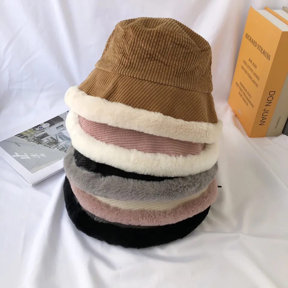 

High Quality Rabbit Fur Hat Corduroy Fisherman Hat Ladies Autumn and Winter Keep Warm Basin Hat Color Hat Cap