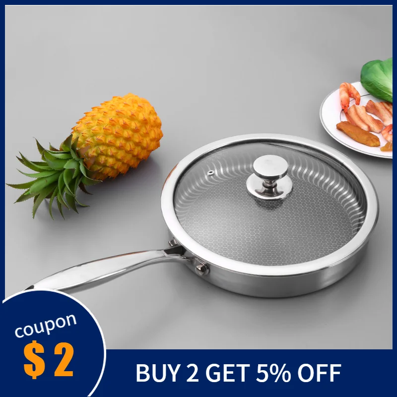 

Stainless Steel Pan with Lid Nonstick Fry Pan Pancake Skillet Steak Grill Pan Saucepan Stockpot Fast Heat-up Food Cooker