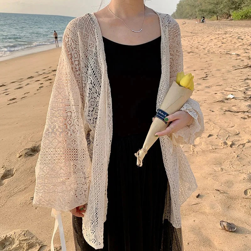 Women Lace Kimono Cardigan Summer Holiday Beach Long Boho Cardigan Korean Sweet Ladies Girls Long Sleeve Beige Lace Shirts Tops