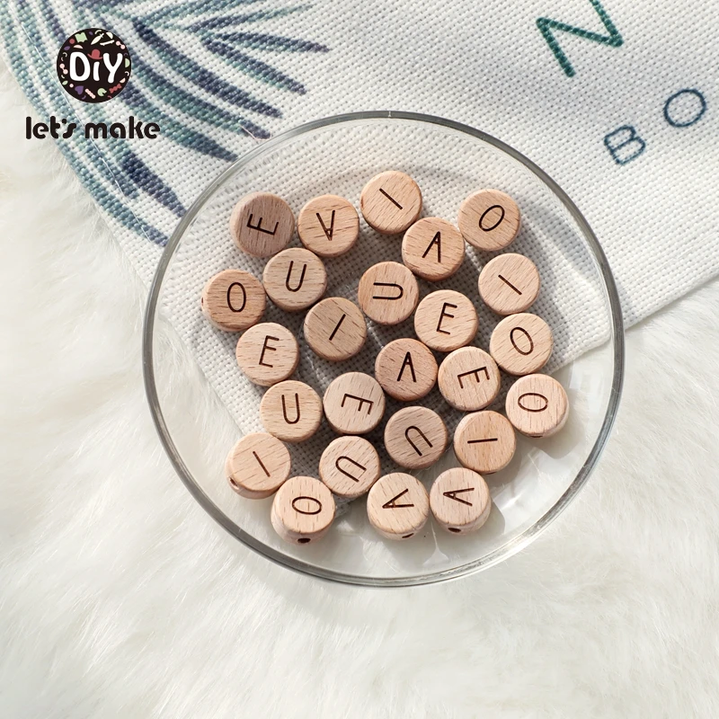 Let's Make Wooden Teether Beads English Alphabet Letter 52pcs Beech Custom Personalized Name DIY Pacifier Chain Baby Goods Toys