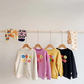

2019 new autumn outfit baby girls fleece round collar flower sweatshirt children loose leisure long sleeve tops