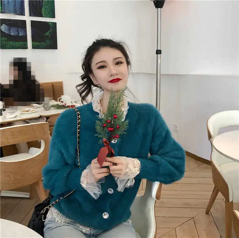 WHITNEY WANG Autumn Winter Fashion Streetwear Diamonds Buttons Mohair Cardigan Women Sweater Jumper sueter mujer invierno