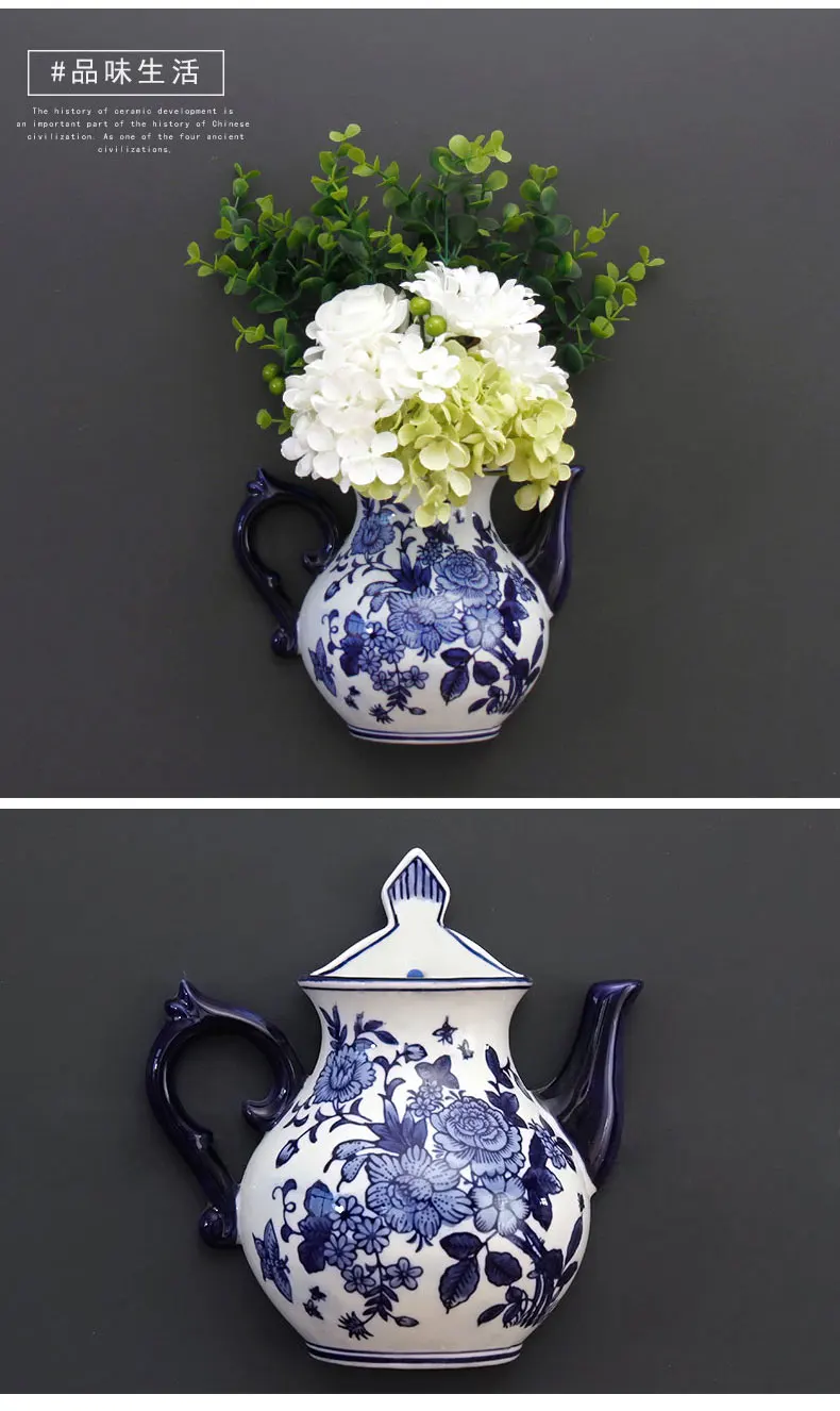 Teapot Shape Vase Metope Vase Ceramic Wall Hanging Flower Receptacle Jingdezhen Blue and White Porcelain Flower Vases 5
