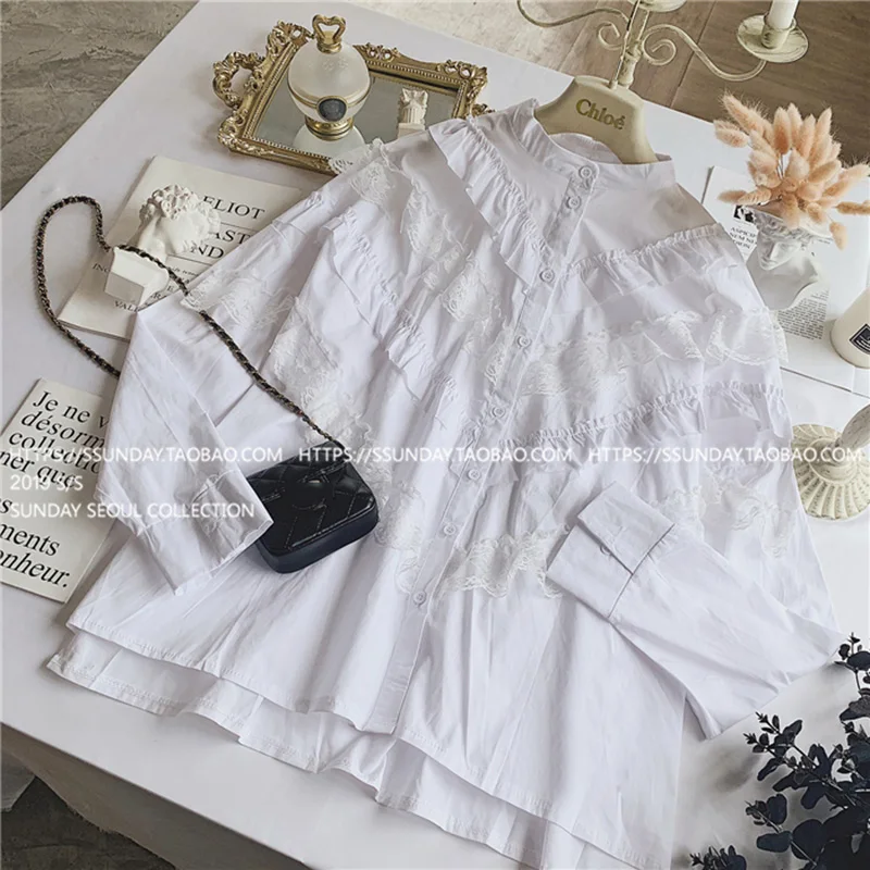 

Lace Fashion Women Shirts Autumn New 2019 Cotton Long-sleeved Ladies Blouses and Tops Solid Color Women Clothing