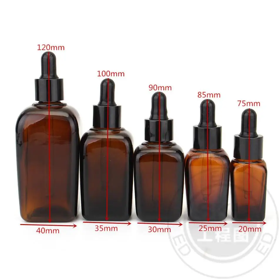 5pcs 10/20/30/50/100ml Square Glass Dropper Bottle Eye Pipette Empty Aromatherapy Essential Oils Refillable Bottle Container