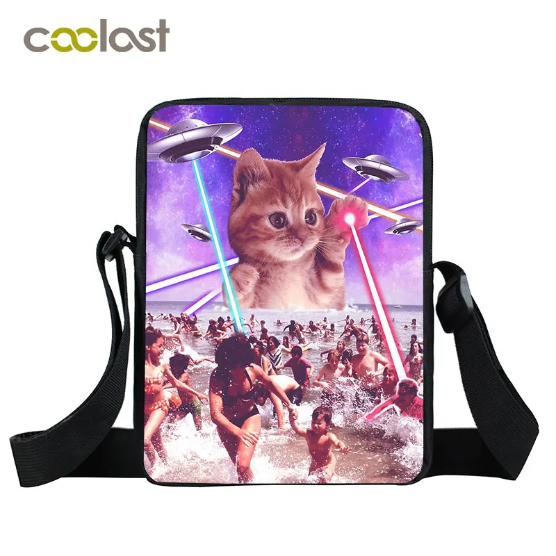 Angel cat and Alien Laser Space Cat Crossbody Bags Men Women Handbag Boys Girls messenger Bags Small Satchel Children Bookbag