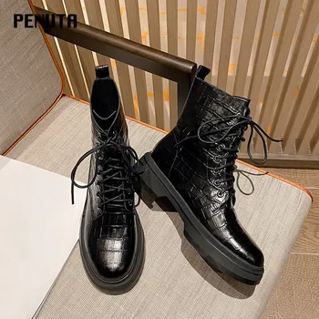 

2020 PENUTA Genuine Leather Ankle Boots For Women Crocodile Shoes Lace Up Motorcycle Boots Big Size 34-43 Winter Shoes New D0063