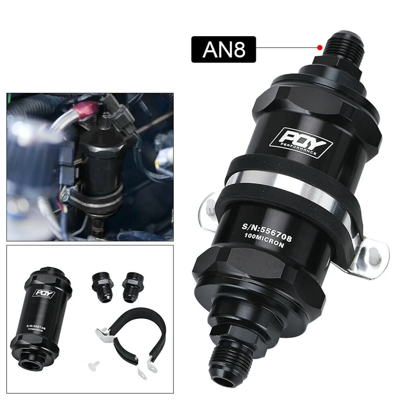 Inline Fuel Filter E85 Ethanol Inlet 8 an Outlet Bracket 100 Micrometre ElementsFuel Filters