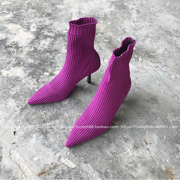 Носки Botines mujer г. Эластичные шерстяные вязаные сапоги на среднем каблуке женские зимние ботинки челси на шпильке фиолетовые ботинки