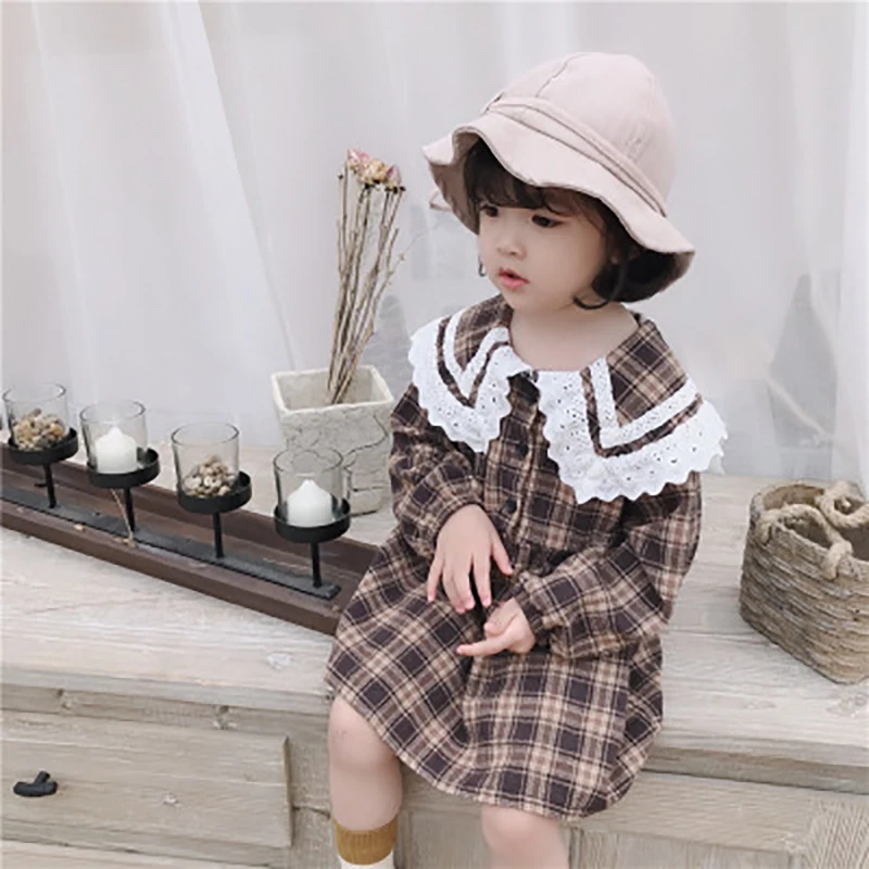 

Autumn 2019 New Waist Lace Plaid Girl Cotton Dress Retro Baby Girl Dress Long Sleeves Princess Dress Girl
