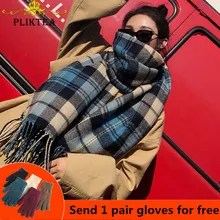 PLIKTEA клетчатый шарф из искусственного кашемира для женщин, шерстяная Пашмина, зимняя теплая шаль, женское клетчатое пончо, женские толстые шарфы с кисточками
