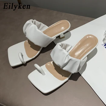 

Eilyken Vintage Square Toe Clip Toe Flip Flops Women Slippers Fashion Pleated Leather Sandals Low Heel Ladies Party Dance Shoes