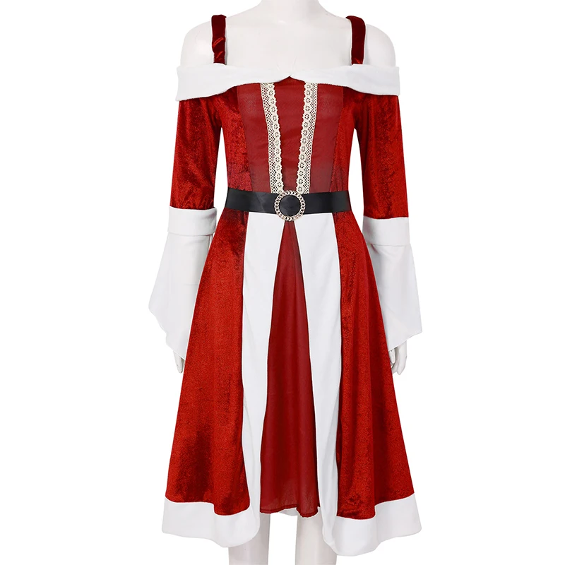Женский маскарадный костюм для рождественской вечеринки Mrs Miss santa claus, мягкое бархатное платье с длинным Расклешенным рукавом, рождественское платье миди с поясом