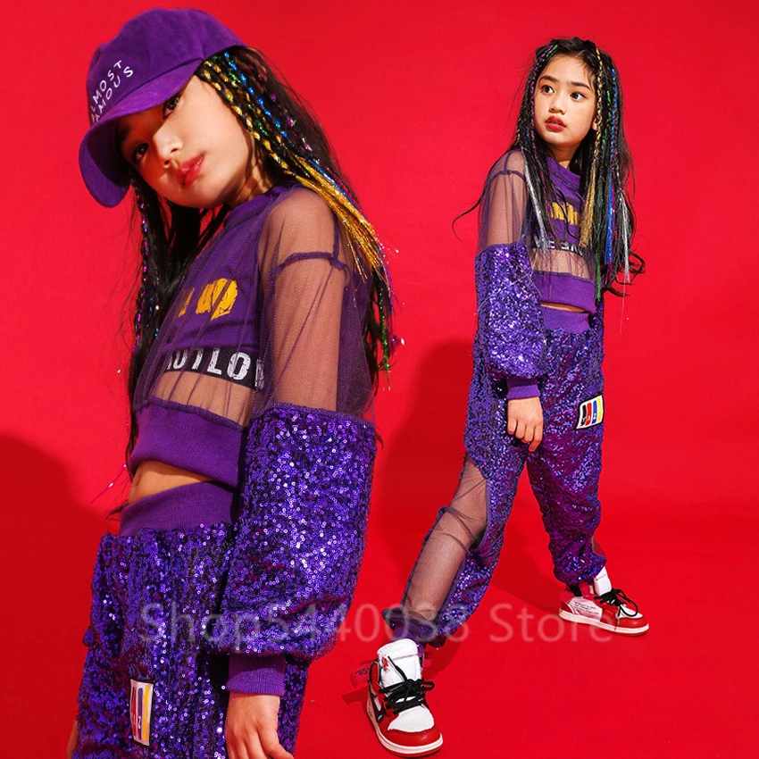 

Модная детская костюм для танцев под Джаз Одежда для танцев в стиле хип-хоп из 3 предметов одежда для Бальных соревнований блестящая кружевная куртка с блестками