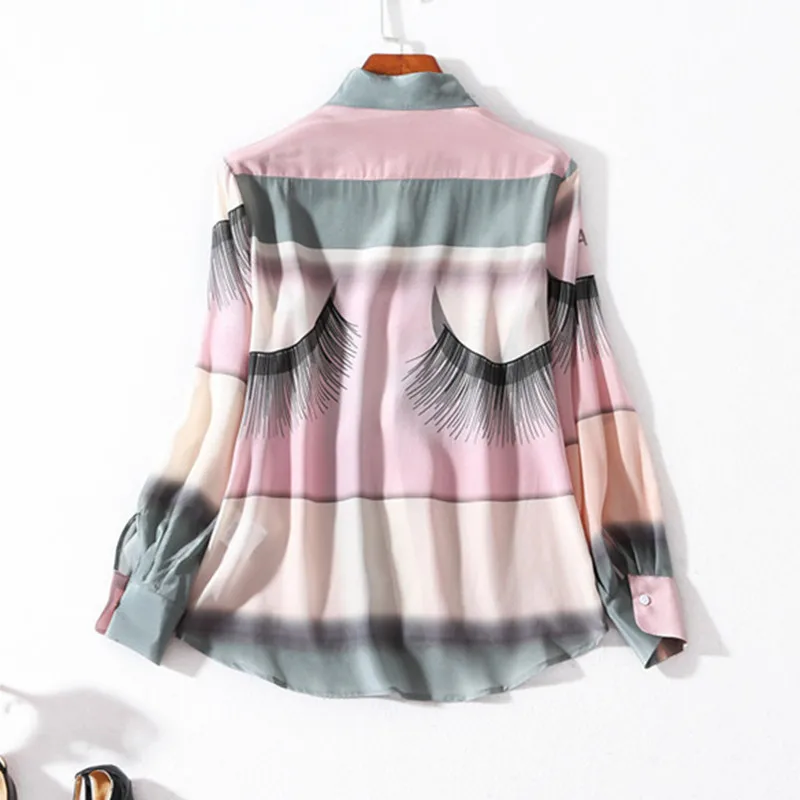  100% Real Silk Shirts Womens Tops and Blouses Print Shirt Elegant Spring Autumn Korean Fashion Clot