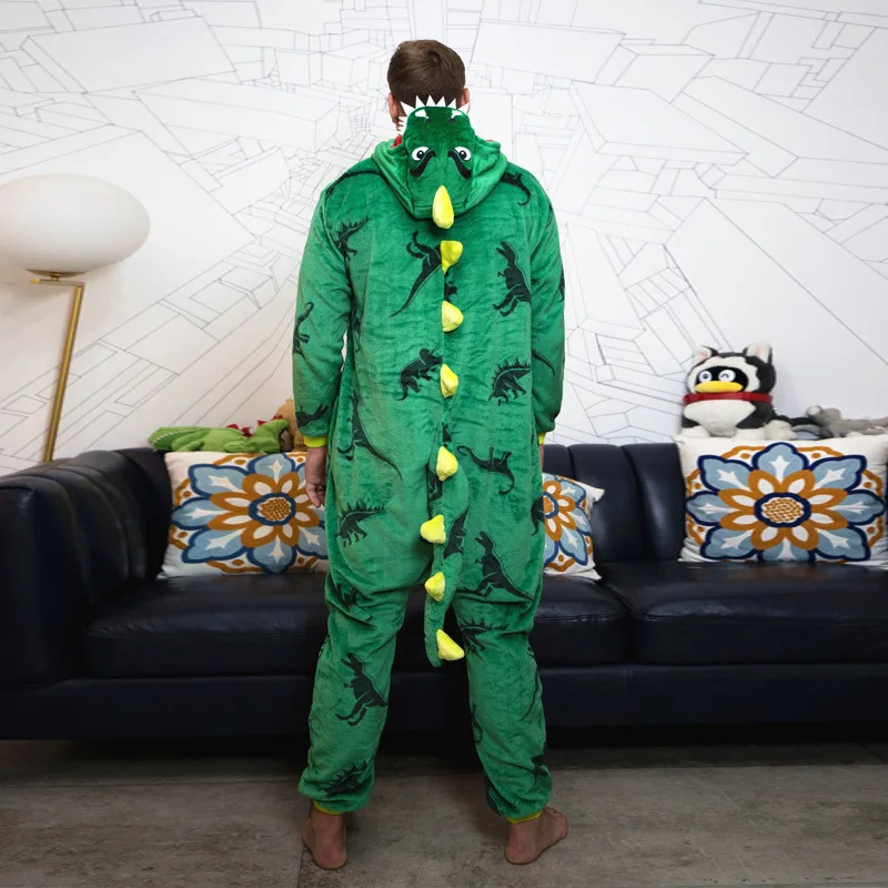 Dinosaur Kigurumis Unisex Pajama Overalls Home Wear Green Pink Animal Onesie Winter Warm Flannel Funny Jumpsuit Adult