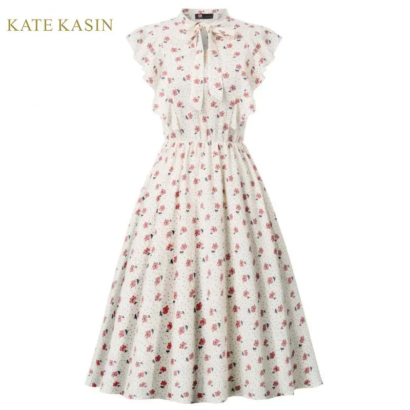 

Kate Kasin Women's Elegant Flutter Sleeves Dress Tie Neck Elastic Waist Floral Pattern A-Line Sweet Print Lady Dress