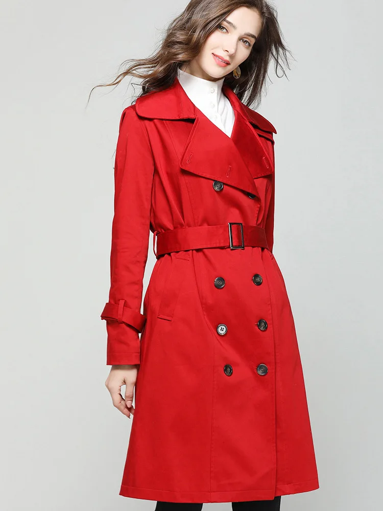 

Red Fashion Winter Long-Sleeved Windbreaker Warm Coat Female Windproof Slim Trench Coat Double Breasted Designer High Street