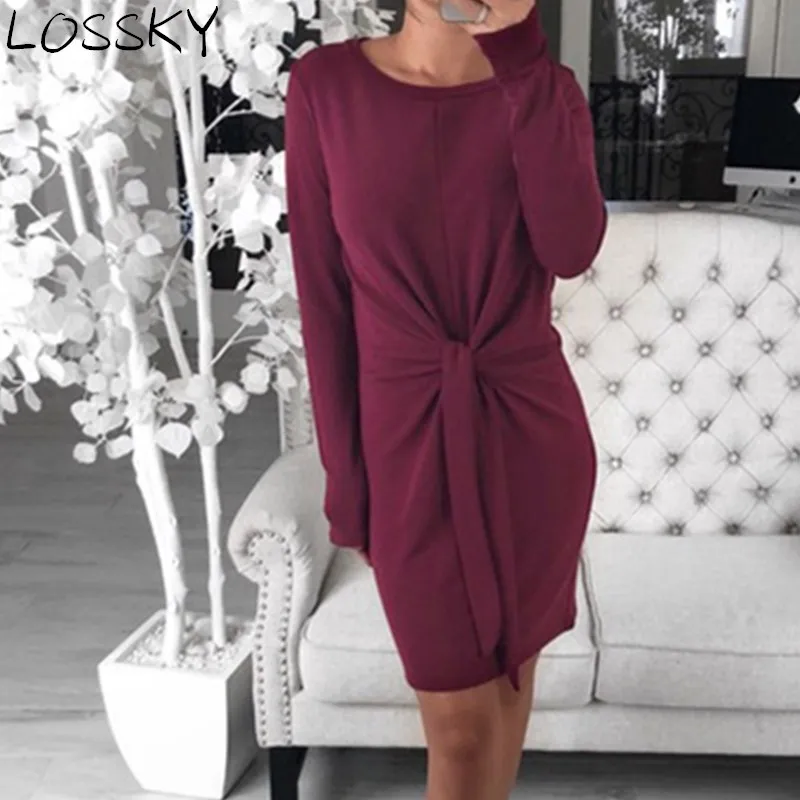 

Women 2019 Autumn Winter Solid Mini Dress Casual Round Neck Long Sleeve Front Bow Bandage Slim Party Short Dress Ladies Dresses