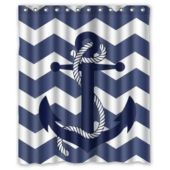 

Custom Special Amazing Chevron Anchor Pattern Print with Navy Blue Chevron Zig Zag Waterproof Bathroom Decor Shower Curtain