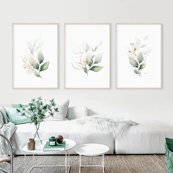 

Modern Minimalist Art Poster Green and Gold Green Botanical Floral Canvas Paintings Print Wall Pictures for Living Room Decor