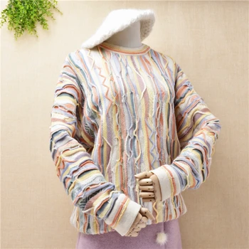 

2020 women ladies winter collorful striped hand-woven clothes long sleeve loose 100% wool sweater pullover hand knit sweater